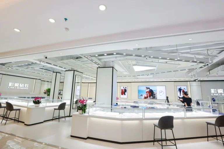 A wide view of a jewelry showroom interior.